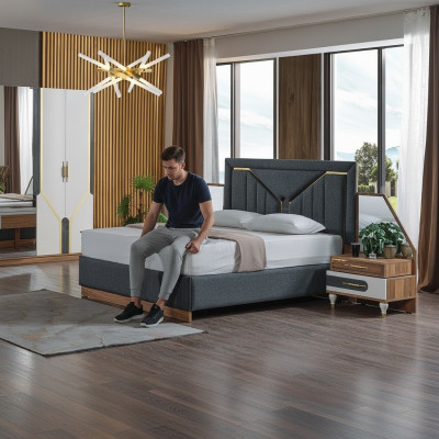 Ensemble de chambre de luxe Lit + 2 tables de chevet + Armoire en bois complet Nouveau Moderne