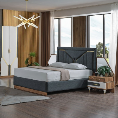 Ensemble de chambre de luxe Lit + 2 tables de chevet + Armoire en bois complet Nouveau Moderne