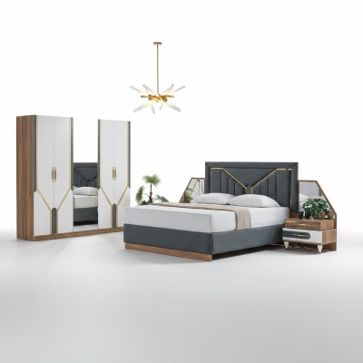 Ensemble de chambre de luxe Lit + 2 tables de chevet + Armoire en bois complet Nouveau Moderne