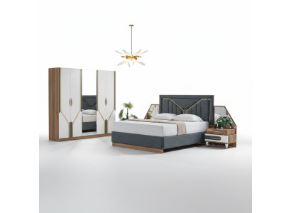 Ensemble de chambre de luxe Lit + 2 tables de chevet + Armoire en bois complet Nouveau Moderne