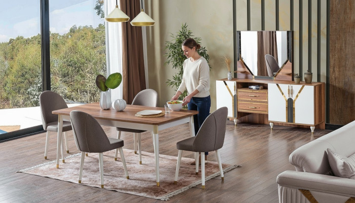 Ensemble de salle à manger de luxe Table à manger + 6 chaises + Buffet Nouvel ensemble 8 pièces