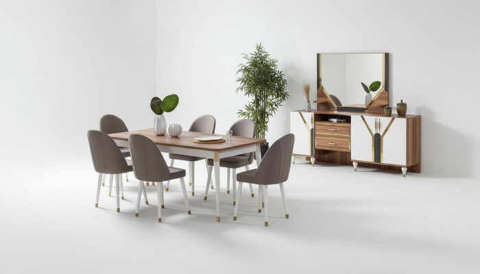 Ensemble de salle à manger de luxe Table à manger + 6 chaises + Buffet Nouvel ensemble 8 pièces