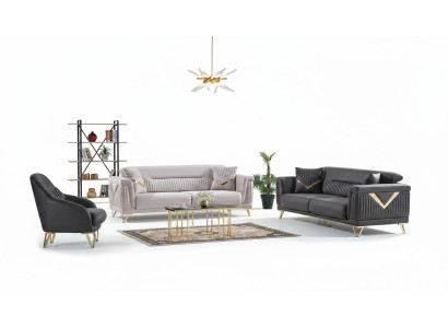 Ensemble de canapé 3+3+1 place en textile et bois, canapé 3 places moderne et fauteuil assorti, ensemble complet neuf.