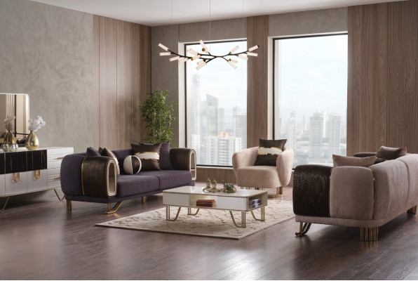 Suite de séjour prestigieuse 3+3+1 ensemble de salon deux canapés et fauteuil neufs