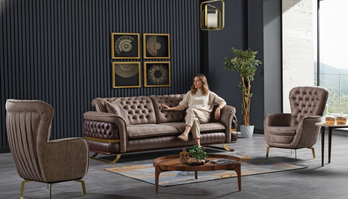 Ensemble de canapé design 3+3+1 places en tissu Chesterfield