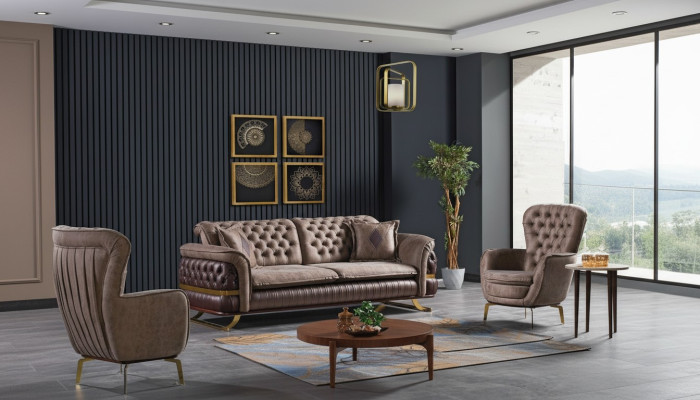 Ensemble de canapé design 3+3+1 places en tissu Chesterfield