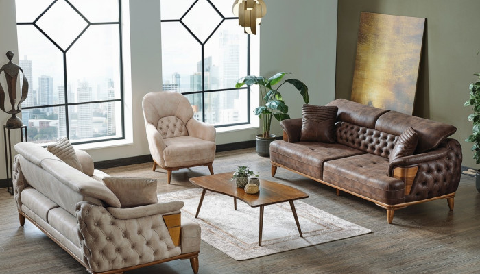 Ensemble de canapés 3+3+1 en bois Salon de luxe Canapé Chesterfield en tissu neuf Complet