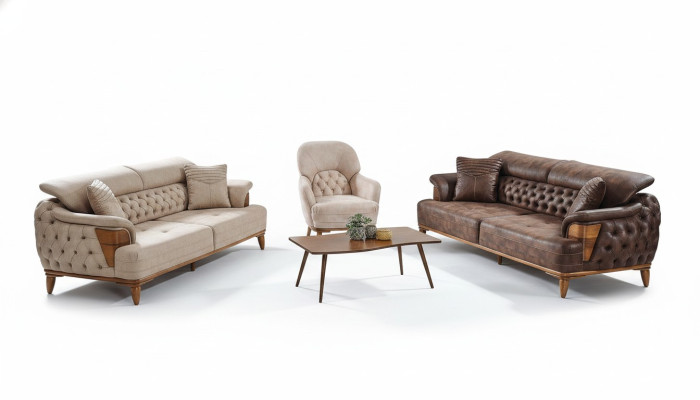 Ensemble de canapés 3+3+1 en bois Salon de luxe Canapé Chesterfield en tissu neuf Complet