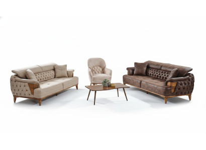 Ensemble de canapés 3+3+1 en bois Salon de luxe Canapé Chesterfield en tissu neuf Complet