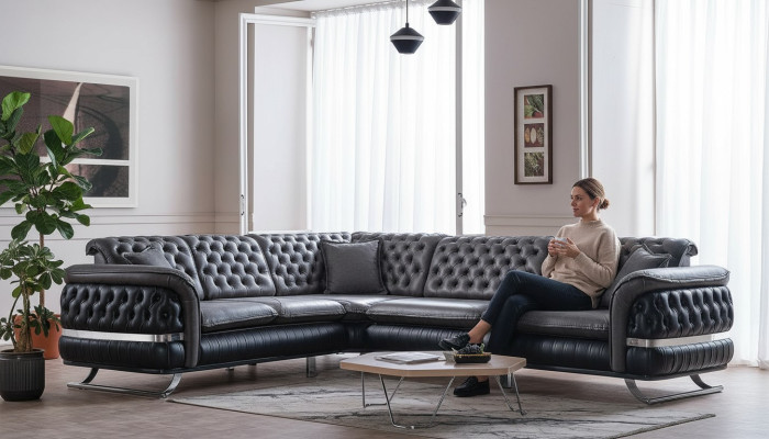 Canapé d'angle Canapé de salon Couleur Noir Forme de U XXL Canapé Chesterfield neuf