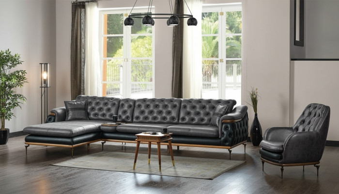 Ensemble de salon noir Ensemble de salon en angle Canapé en forme de L Fauteuil moderne Chesterfield Complet