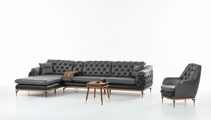 Ensemble de salon noir Ensemble de salon en angle Canapé en forme de L Fauteuil moderne Chesterfield Complet