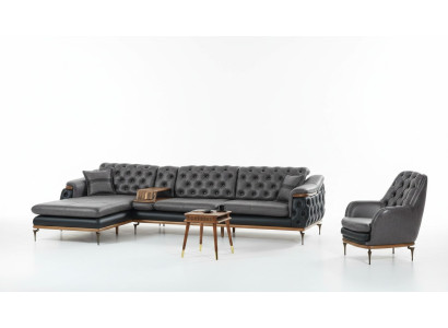 Ensemble de salon noir Ensemble de salon en angle Canapé en forme de L Fauteuil moderne Chesterfield Complet