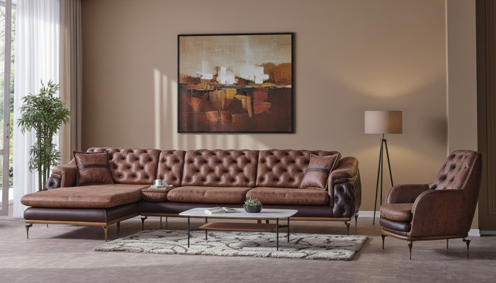 Canapé d'angle en forme de L Fauteuil marron Ensemble complet de salon 2 pièces. Luxe marron