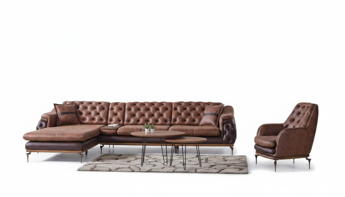 Canapé d'angle en forme de L Fauteuil marron Ensemble complet de salon 2 pièces. Luxe marron