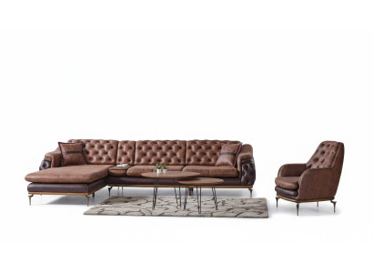 Canapé d'angle en forme de L Fauteuil marron Ensemble complet de salon 2 pièces. Luxe marron