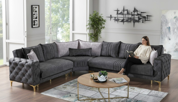 Salon gris Canapé d'angle en L Chesterfield moderne nouveau canapé de luxe.