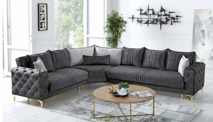 Salon gris Canapé d'angle en L Chesterfield moderne nouveau canapé de luxe.