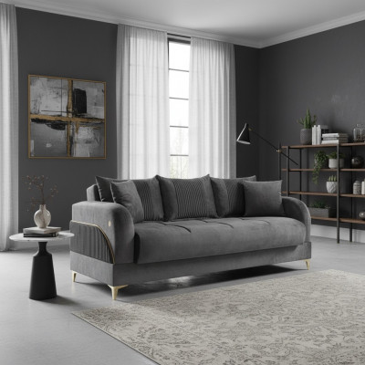 Canapé trois places gris en tissu d'ameublement avec coussins