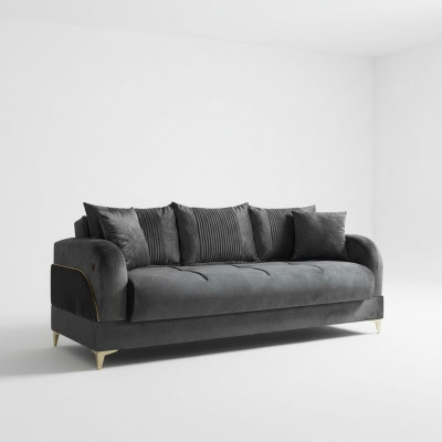 Canapé trois places gris en tissu d'ameublement avec coussins