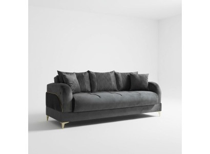 Canapé trois places gris en tissu d'ameublement avec coussins