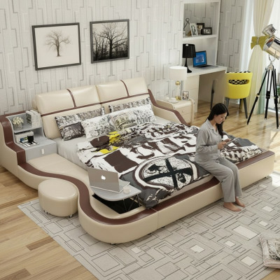 Lit multifonctionnel de luxe en beige avec plateau double, design 180x200cm