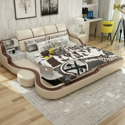 Lit multifonctionnel de luxe en beige avec plateau double, design 180x200cm