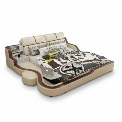 Lit multifonctionnel de luxe en beige avec plateau double, design 180x200cm