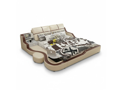 Lit multifonctionnel de luxe en beige avec plateau double, design 180x200cm