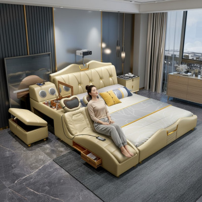 Lit design Beige Hôtel Rembourrage 180x200 Étagère multifonction Lits neufs