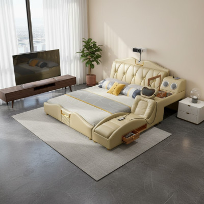 Lit design Beige Hôtel Rembourrage 180x200 Étagère multifonction Lits neufs