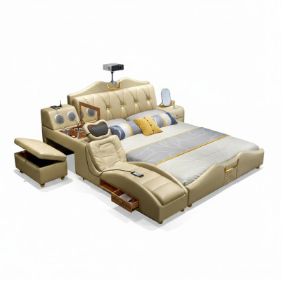 Lit design Beige Hôtel Rembourrage 180x200 Étagère multifonction Lits neufs