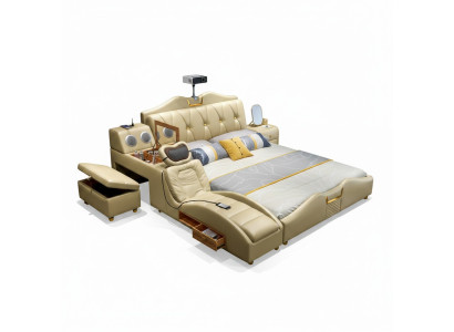 Lit design Beige Hôtel Rembourrage 180x200 Étagère multifonction Lits neufs