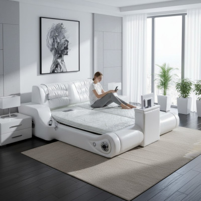Lit blanc double de luxe avec un design raffiné. Lit moderne à revêtement d'hôtel multifonctionnel.