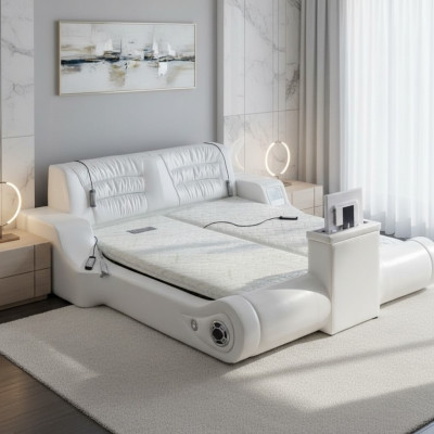 Lit blanc double de luxe avec un design raffiné. Lit moderne à revêtement d'hôtel multifonctionnel.