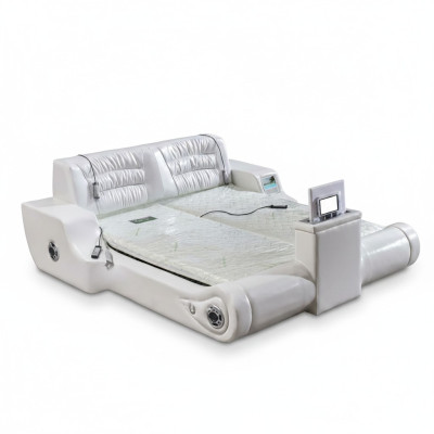 Lit blanc double de luxe avec un design raffiné. Lit moderne à revêtement d'hôtel multifonctionnel.