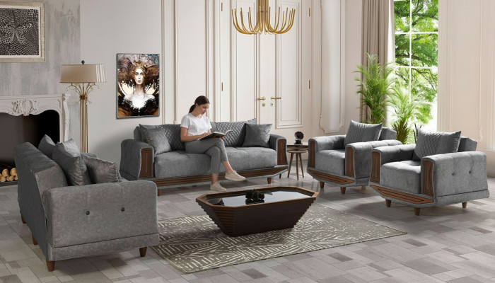 Ensemble de canapé 3+2+1+1 places Textile Bois Canapé 3 places Fauteuil moderne Ensemble complet
