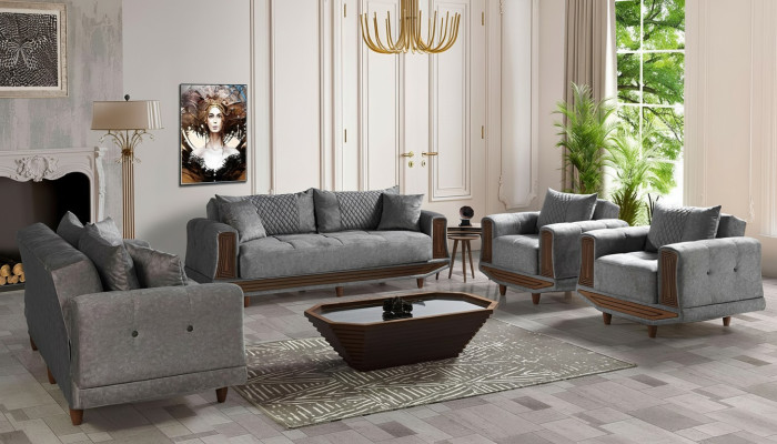 Ensemble de canapé 3+2+1+1 places Textile Bois Canapé 3 places Fauteuil moderne Ensemble complet