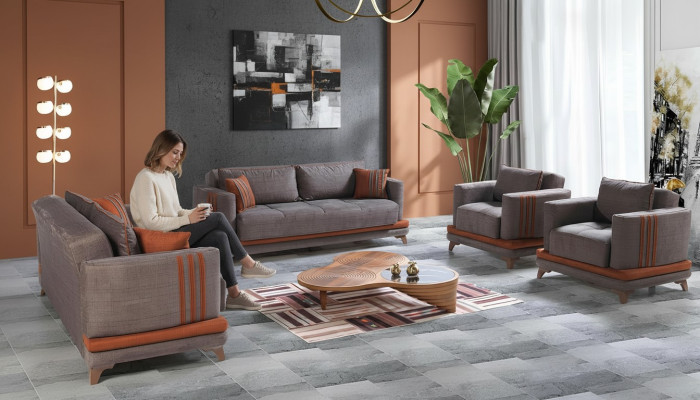 Ensemble de living moderne avec canapé 3+2+1+1 gris - Ensemble de mobilier de salon