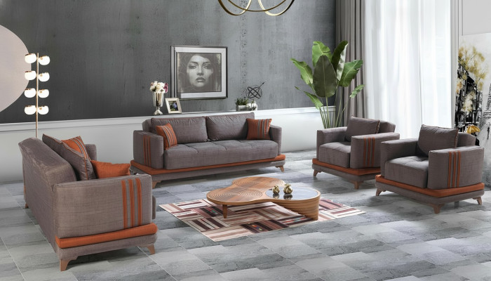 Ensemble de living moderne avec canapé 3+2+1+1 gris - Ensemble de mobilier de salon