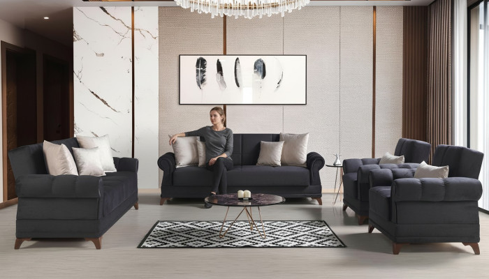 Ensemble de canapés 3+2+1+1 places en textile moderne complet comprenant 2 fauteuils et un canapé 3 places de luxe.