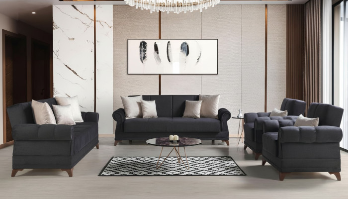 Ensemble de canapés 3+2+1+1 places en textile moderne complet comprenant 2 fauteuils et un canapé 3 places de luxe.