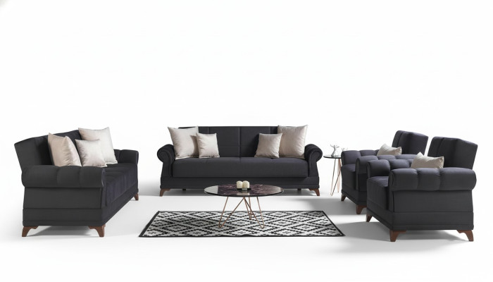 Ensemble de canapés 3+2+1+1 places en textile moderne complet comprenant 2 fauteuils et un canapé 3 places de luxe.