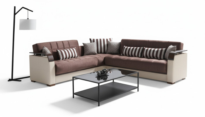 Canapé d'angle en forme de L en beige pour le salon, de luxe, de 315 x 245 cm.