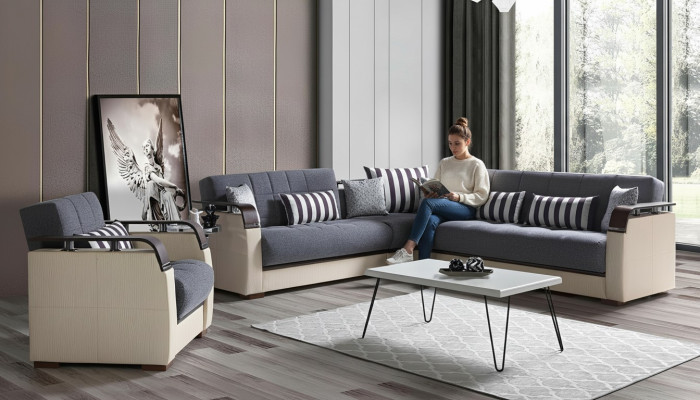 Canapé d'angle en forme de L + Fauteuil gris Ensemble complet de salon 2 pièces. Meubles de luxe