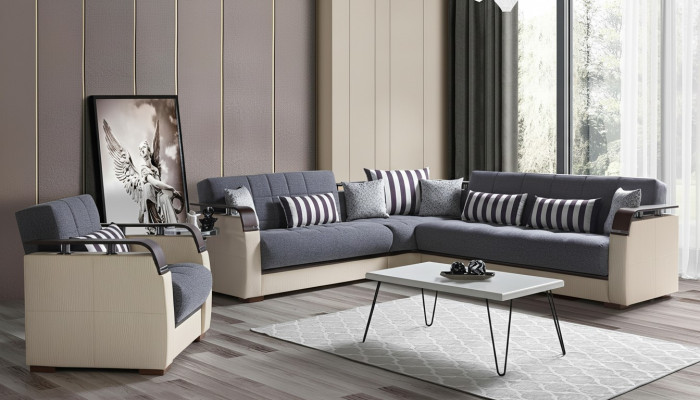 Canapé d'angle en forme de L + Fauteuil gris Ensemble complet de salon 2 pièces. Meubles de luxe