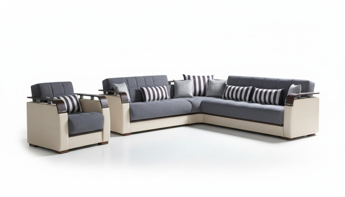 Canapé d'angle en forme de L + Fauteuil gris Ensemble complet de salon 2 pièces. Meubles de luxe