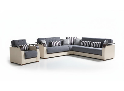 Canapé d'angle en forme de L + Fauteuil gris Ensemble complet de salon 2 pièces. Meubles de luxe