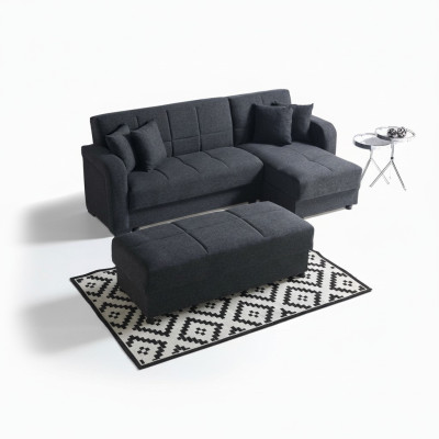 Canapé d'angle en forme de L Tabouret Noir Ensemble complet pour salon 2 pièces. Meubles de luxe