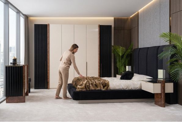 Ensemble de chambre de luxe Lit 2x Tables de chevet + Armoire en bois Complet